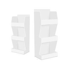 Obraz premium Two Blank Cardboard POS Display Stands With Shelves, Side View, Isolated on White Background. Vector Illustration