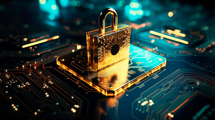Firewall lock on mainboard.Computer security concept. Padlock on computer circuit board .