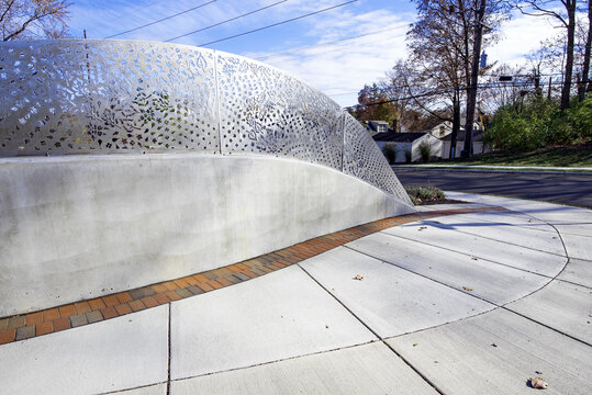 Kettering, Ohio-November 16, 2023:FOLIAGE stainless steel sculpture by Cliff Garten Studio, contracted by Kettering City to mimic the scenery of Hills & Dales Park & Kettering into new Ridgeway Bridge