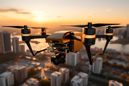 Drone quad copter with high resolution digital camera flying aerial over cityscape.