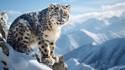Rare snow leopard surveying its snow-covered mountain territory, blending seamlessly with the rocky terrain.