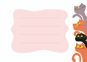 Banner, frame with funny kittens. Card, flyer with place for text. Cartoon Pets. Vector illustration, white background, isolated.