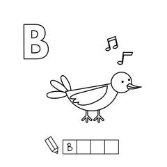 Cartoon bird coloring pages. Learning game for small children - write a word in English language. Vector alphabet for kids