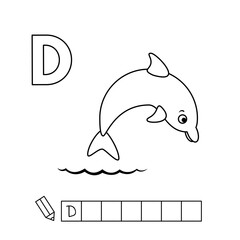 Cartoon dolphin coloring pages. Learning game for small children - write a word in English language. Vector alphabet for kids