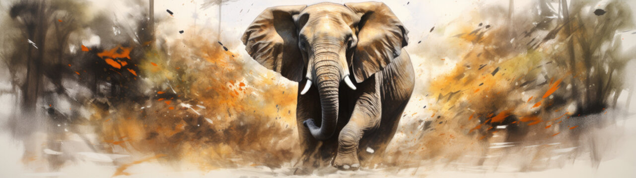 This captivating watercolor masterpiece depicts an awe-inspiring moment as an elephant dashes through a lush forest. 
