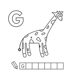 Cartoon giraffe coloring pages. Learning game for small children - write a word in English language. Vector alphabet for kids