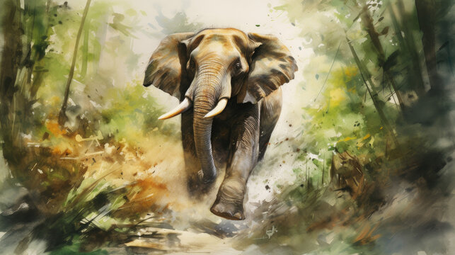 A breathtaking watercolor captures the essence of an elephant's wild sprint through a dense forest. Bold strokes outline the massive creature, embodying its untamed vigor and unstoppable force.