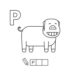 Cartoon pig coloring pages. Learning game for small children - write a word in English language. Vector alphabet for kids