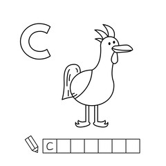 Cartoon chicken coloring pages. Learning game for small children - write a word in English language. Vector alphabet for kids