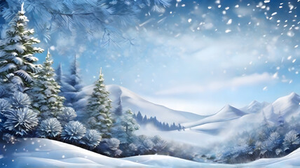Create a beautiful winter background with snowflakes, snowdrifts, and evergreens