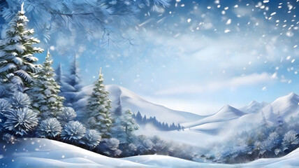 Obraz premium Create a beautiful winter background with snowflakes, snowdrifts, and evergreens