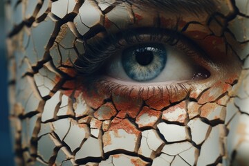 A close-up view of a person's eye with cracked paint on it. 