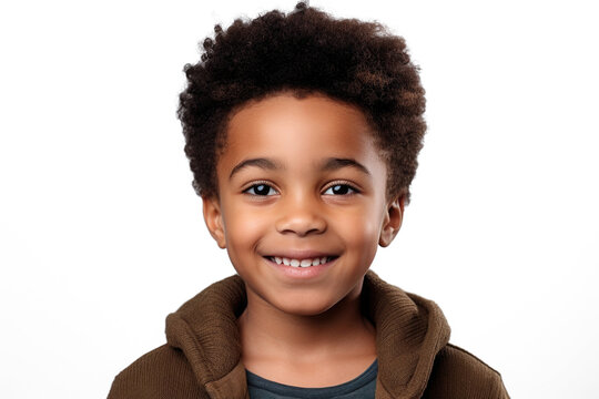 Happy Multiracial Boy Isolated On White Background. Portrait Of Black Boy Looking At Camera. African American Child