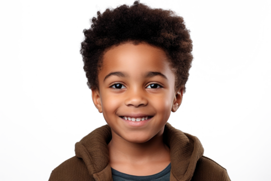 Happy multiracial boy isolated on white background. Portrait of black boy looking at camera. African american child