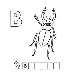 Cartoon beetle coloring pages. Learning game for small children - write a word in English language. Vector alphabet for kids
