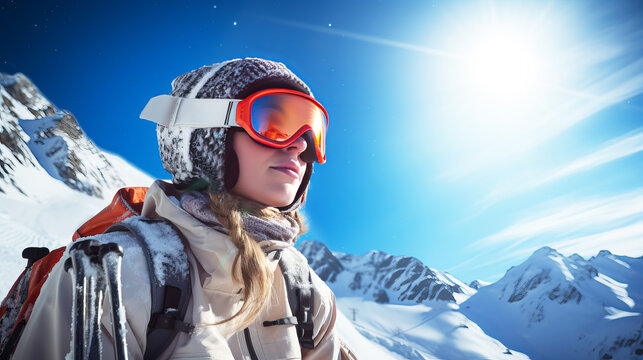 Portrait of a skier girl in helmet and ski goggles on background of snowy Alpine mountains.