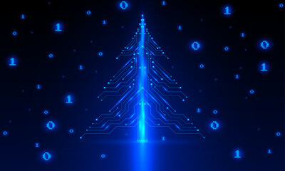 Abstract technology glowing Christmas tree, neon circuit board. Digital Data moving on Circuit Board and CPU loop backgrounds. Computer Processing and organizing data. Abstract high tech new year