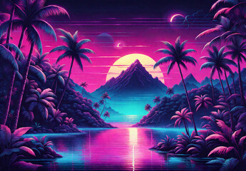 Tropical island with palm trees, 80s retro style