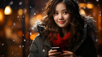 Young beautiful and happy Chinese woman in a winter jacket with a hood with a mobile phone outdoors under the snow, smiling, cheerful, enjoying Christmas against the background of bokeh lights.