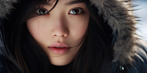 Fototapeta premium Close-up of an Asian woman, highlighting her expressive eyes and flawless skin.