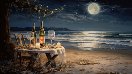 A bottle of champagne with two glasses on a table on the beach, full moon, New Year's Eve, illustration