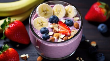 Fresh mixed berry smoothie bowl garnished with fruits and nuts. Healthy breakfast and nutrition.
