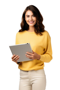 woman holding tablet while smiling on transparent background. png	