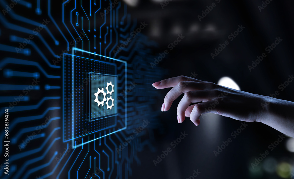 Poster gears mechanism on virtual screen. automation and business process flow. business and technology con