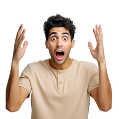 portrait of young man surprised and excited with hands raising up isolated on transparent background. (png)