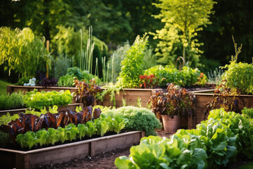 Fototapeta na wymiar Beds in garden growing plants, herbs and vegetables. 