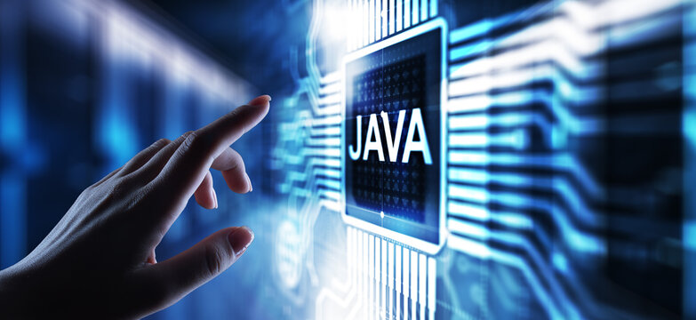 Java programming language application and web development concept on virtual screen.