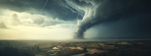 Dramatic storm with lightning over a field.