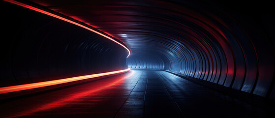 Eerie underground tunnel illuminated by red and blue lights.