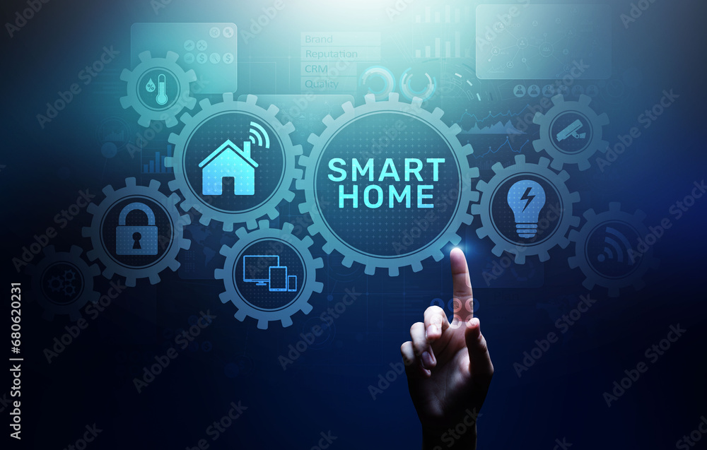 Poster smart home control panel on virtual screen. iot and automation technology concept.