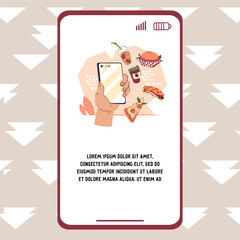 Order food online concept for mobile app banner, vector illustration. Ordering food online and enjoying ready meals delivery.