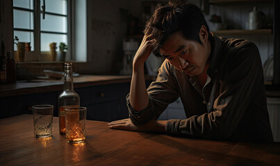 Dimly-lit ambiance with a man lost in thought, whiskey on the table.