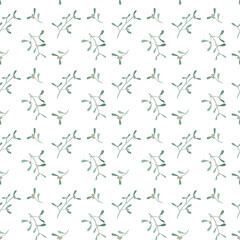 Simple hand drawn watercolor Christmas seamless pattern. Christmas plants, mistletoe, Christmas flower