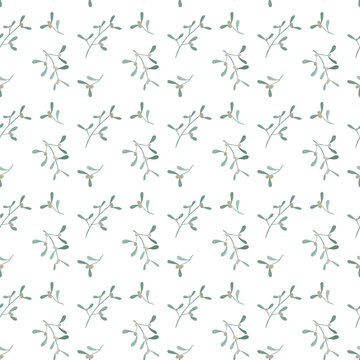 Simple hand drawn watercolor Christmas seamless pattern. Christmas plants, mistletoe, Christmas flower