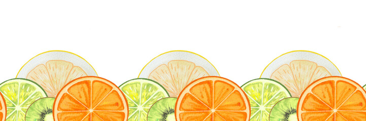 banner seamless with hand drawn watercolor fruits, lime, lemon, orange, tangerine, grapefruit, citrus