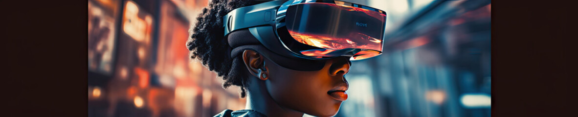 Futuristic exploration with a woman in GPS goggles, experiencing a vibrant. - obrazy, fototapety, plakaty