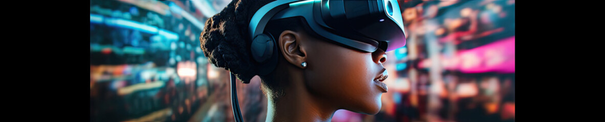 Futuristic exploration with a woman in GPS goggles, experiencing a vibrant.
