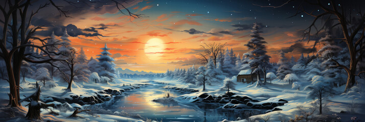 snowy background image of the wintery scene with stars and trees