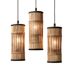 3 Rattan ceiling lamps, Elegant Wicker Ceiling lamps, light bulb isolated on transparent background PNG