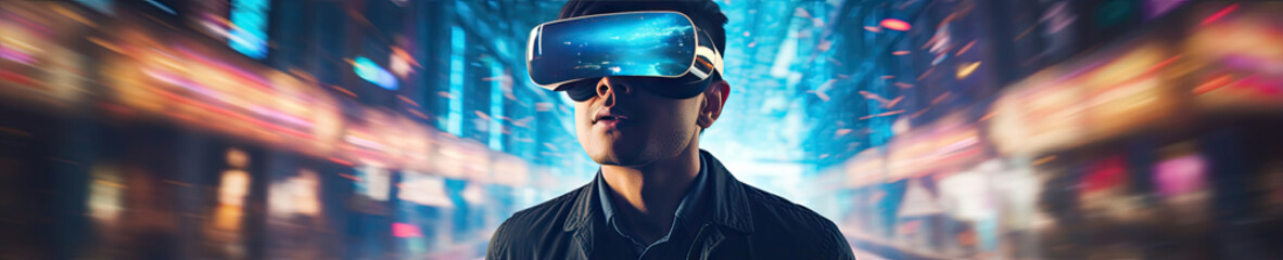 Asian man engrossed in VR experience, black headset. - obrazy, fototapety, plakaty