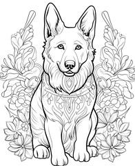 Mandala, black and white illustration for animal coloring, dog