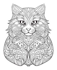 Coloring book, black and white illustration, cat