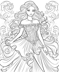 Coloring book, black and white illustration, princess.