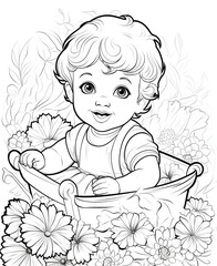 Coloring book, black and white illustration, baby.