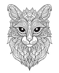 Mandala, black and white illustration for animal coloring, cat