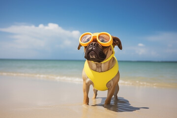 Dog ready for swimming, vocation, The dog wears a swimming suit and scuba gogles at the beautiful beach.